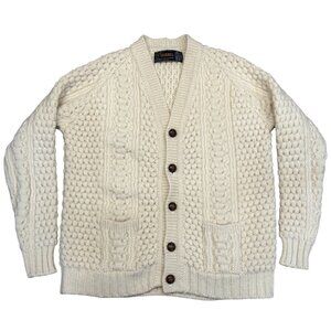 Vintage Cornel Irish Knit Fisherman Sweater 100% Wool Cardigan Ivory Chunky Larg